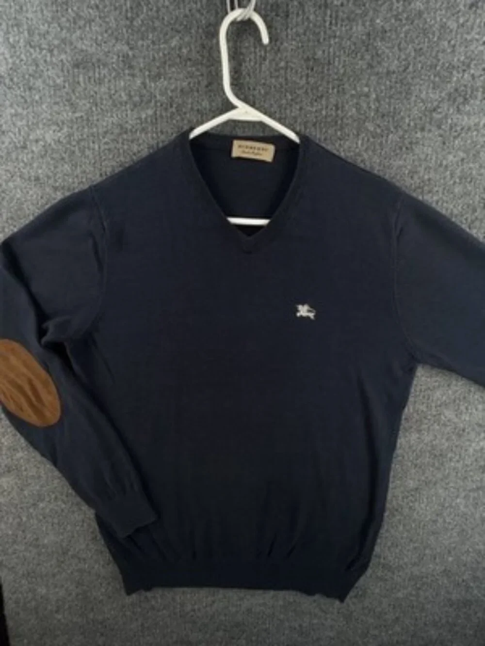 Burberry Italy Cotton Pullover Logo V-Neck Mens Blue Medium Elbow Patches Knit